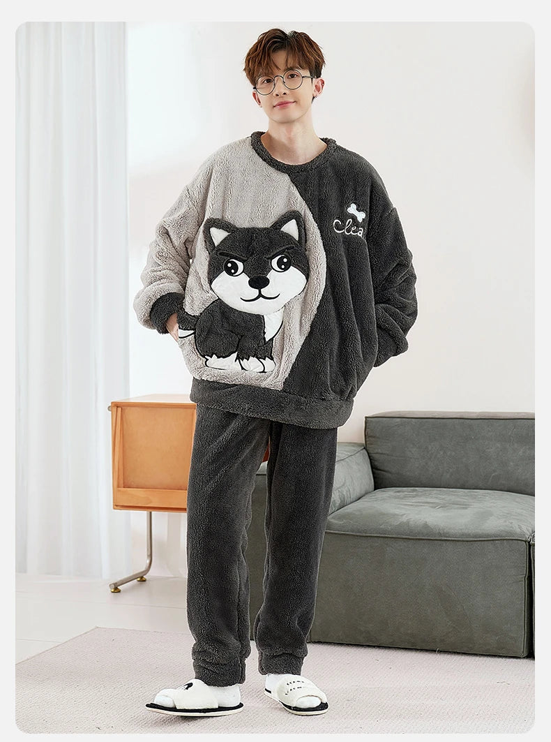 Winter Korean Men Pajamas Sets Adult Sleepwear Home Clothes Thicken Soft Pijama Suit Loungewear Loose Bear Male Pyjama Clothing