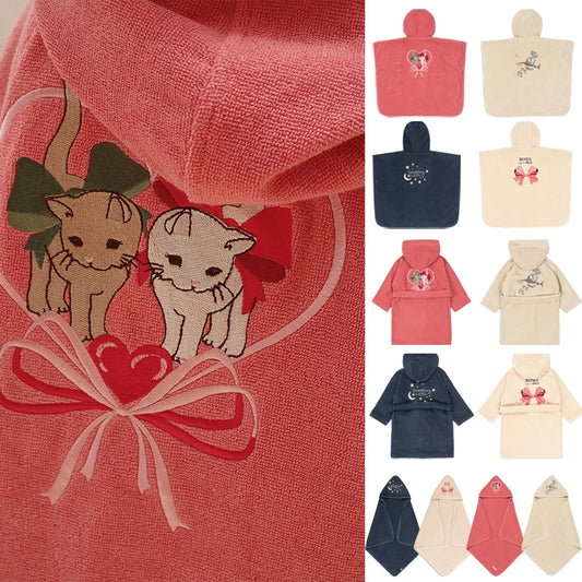 Children Cotton Bathrobe 2025 KS New Girls Embroidery Bath Towel Cloak Boys Hooded Pyjamas Baby Kids Soft Bath Robe Nightgown