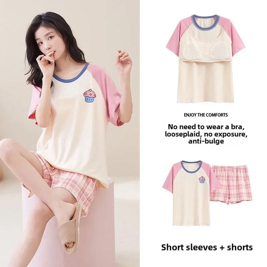 Pijama Set Women Short Sleeve Pullover Sweet with Chest Pads Cartoon Student Casual Home Plus Size Ladies Romantic Sleepwear