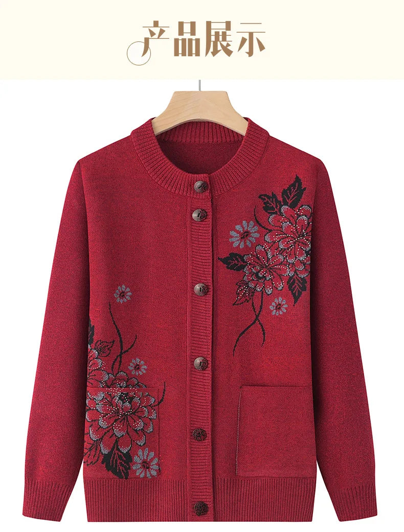 Korean Women's Clothes New Knit Woolen Printed Cardigan Coat Middle Aged Mother Knitwear Tops Vintage Grandma Sweater Jacket