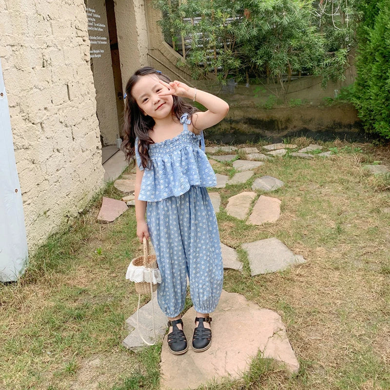 Summer Girls' Clothing Sets Sweet Cute Floral Camisole Plus Anti-Mosquito Pants Fashion Baby Kids Outfit Children Girls Clothes