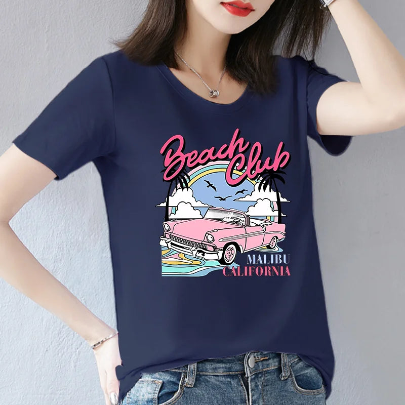 Summer Fashion Cotton T-shirt for Women Beach Club Printing Graphic T Shirts  Tops  Women Clothes  Aesthetic Clothes