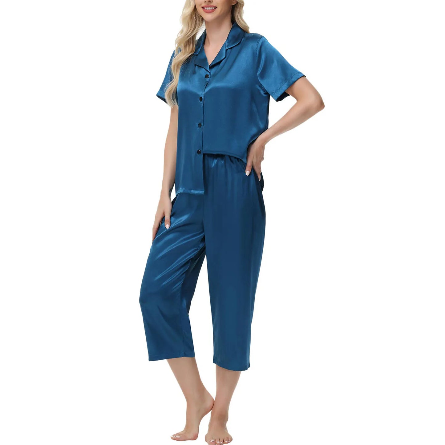 Women'S Pajama Set Burgundy Silky Fabric Short Sleeve Fashion Pants Home Clothes Bedroom Leisure Scene Stay At Home