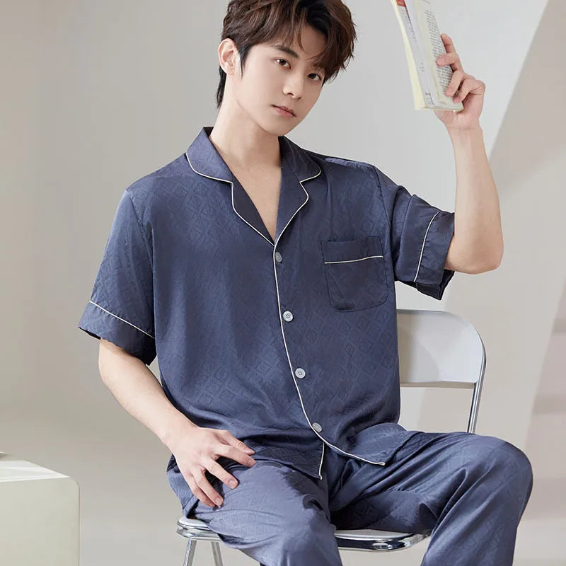 Pajamas for Couples Ice Silk Satin Men's Women's Short Sleeves Shirt Pants Sleepwear Home Clothes Suit Male Pijama