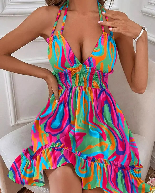 Women's Clothing European Dresses popular deep V-rope suspender black fungus edge parallel wrinkled seam backless sexy dress