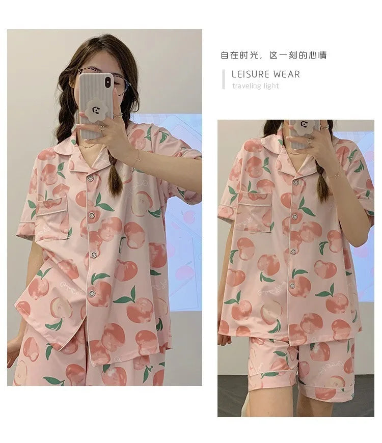 Women's Summer Three-Piece Pajama Set: Cute Teenage Student Short-Sleeved Long Pants Casual Korean-Style Pajamas Underwear