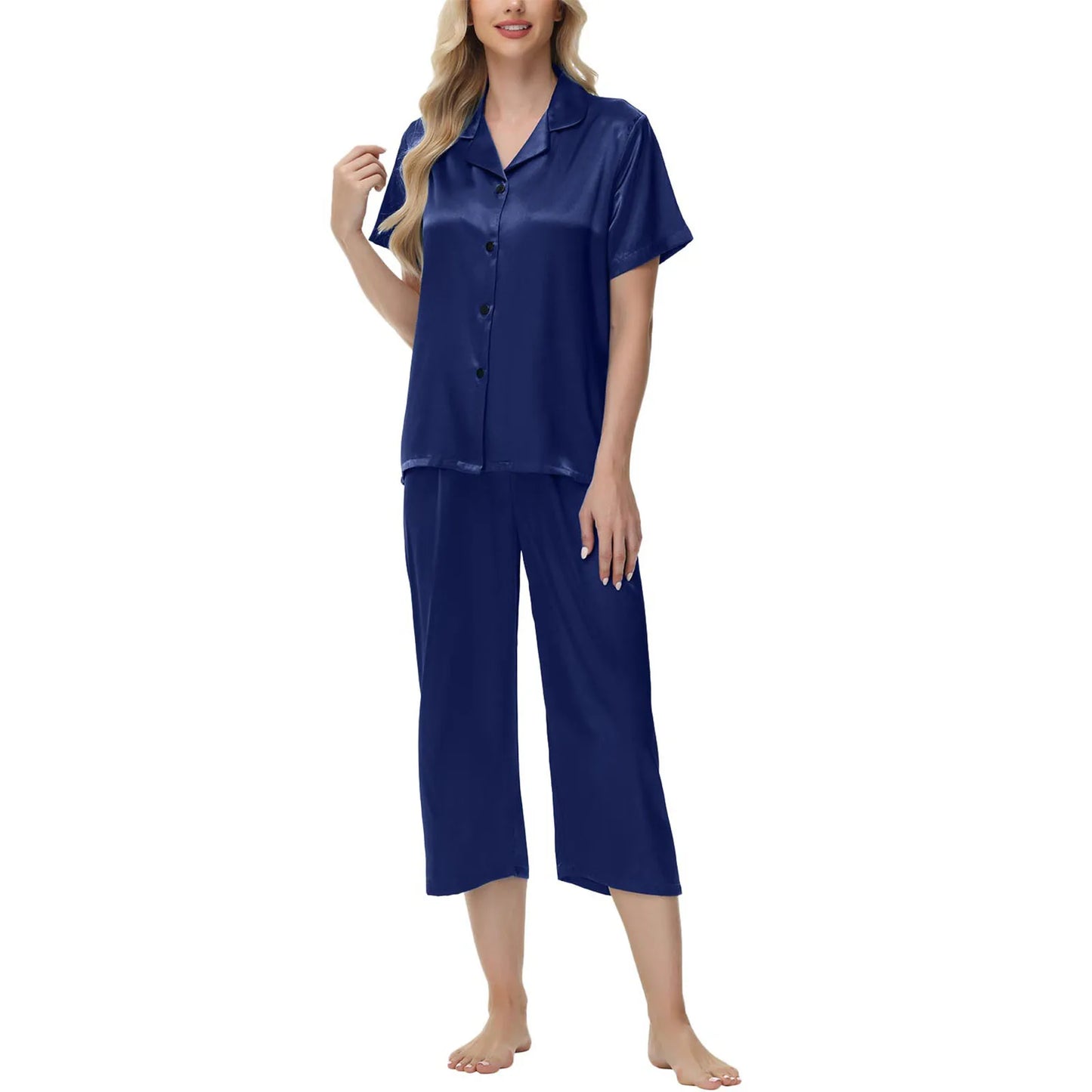 Women'S Pajama Set Burgundy Silky Fabric Short Sleeve Fashion Pants Home Clothes Bedroom Leisure Scene Stay At Home