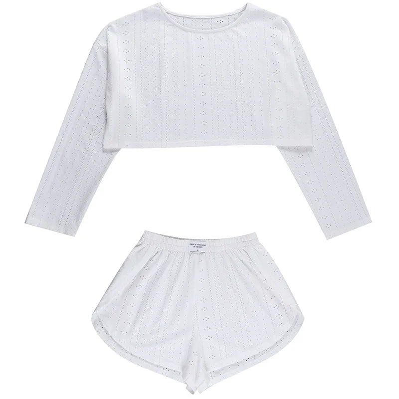 Pajamas for Women Summer Sleepwear Hollow Out Pajama Long Sleeve Tops Shorts Pyjama 2 Piece Set Homewear Nightwear Pijama Mujer