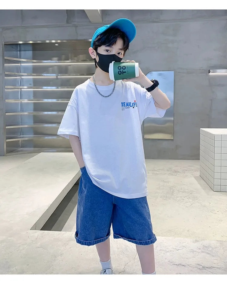 Summer Kids Clothes Streetwear Fashion English Skateboard Print T Shirt 100%Cotton Tops Tees Children Short Sleeve Boys Clothes