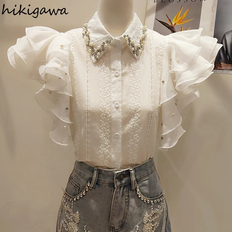 2025 Blusas Mujer De Moda Sweet Blouse Diamond Flying Sleeve Ruffles Pink Shirts Temperament Summer Blouses Tops Women Clothing