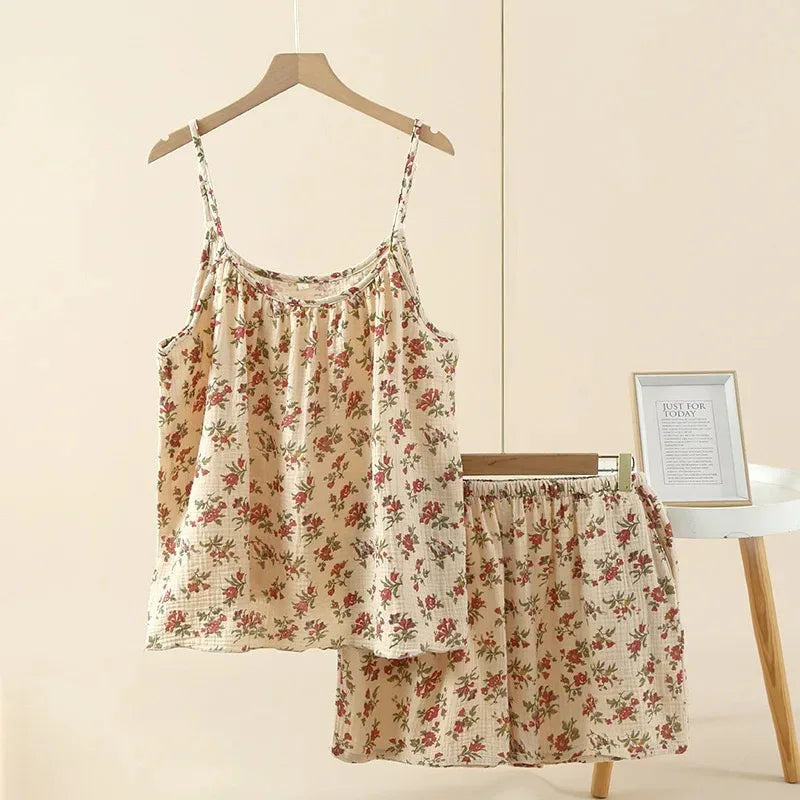100% Cotton Women's Pajama Set Woman 2 Pieces Spaghetti Strap Sleepwear Women Floral Print Pajama  Strap