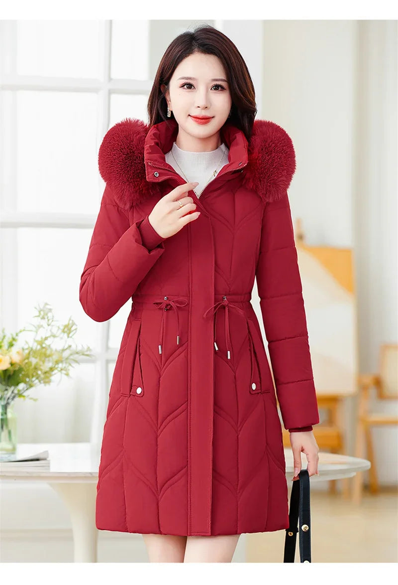 Women Down Cotton Jacket 2025 Mid Long Warm Ladies Outerwear Slim High-End Loose Women Winter Parka Coat Female Cotton Clothes