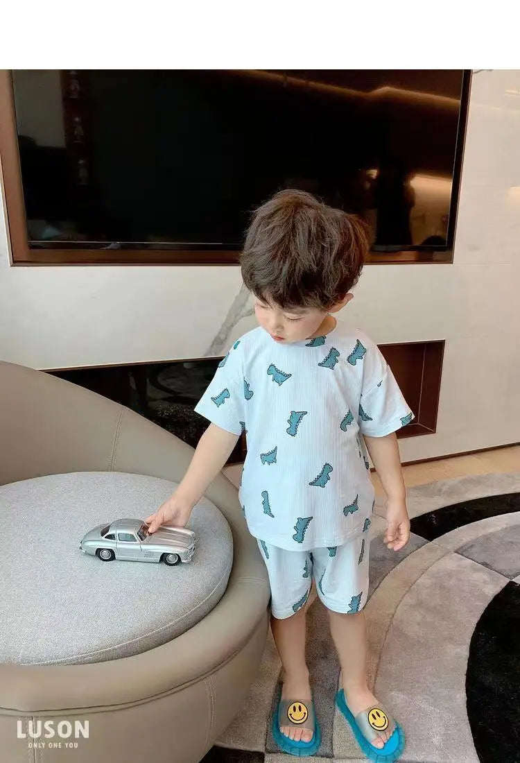 Summer Home Clothes Air-conditioned Clothes Boys and Girls Ice Silk Fabric Loose Short Sleeved Shorts Two-piece Set of Pajamas