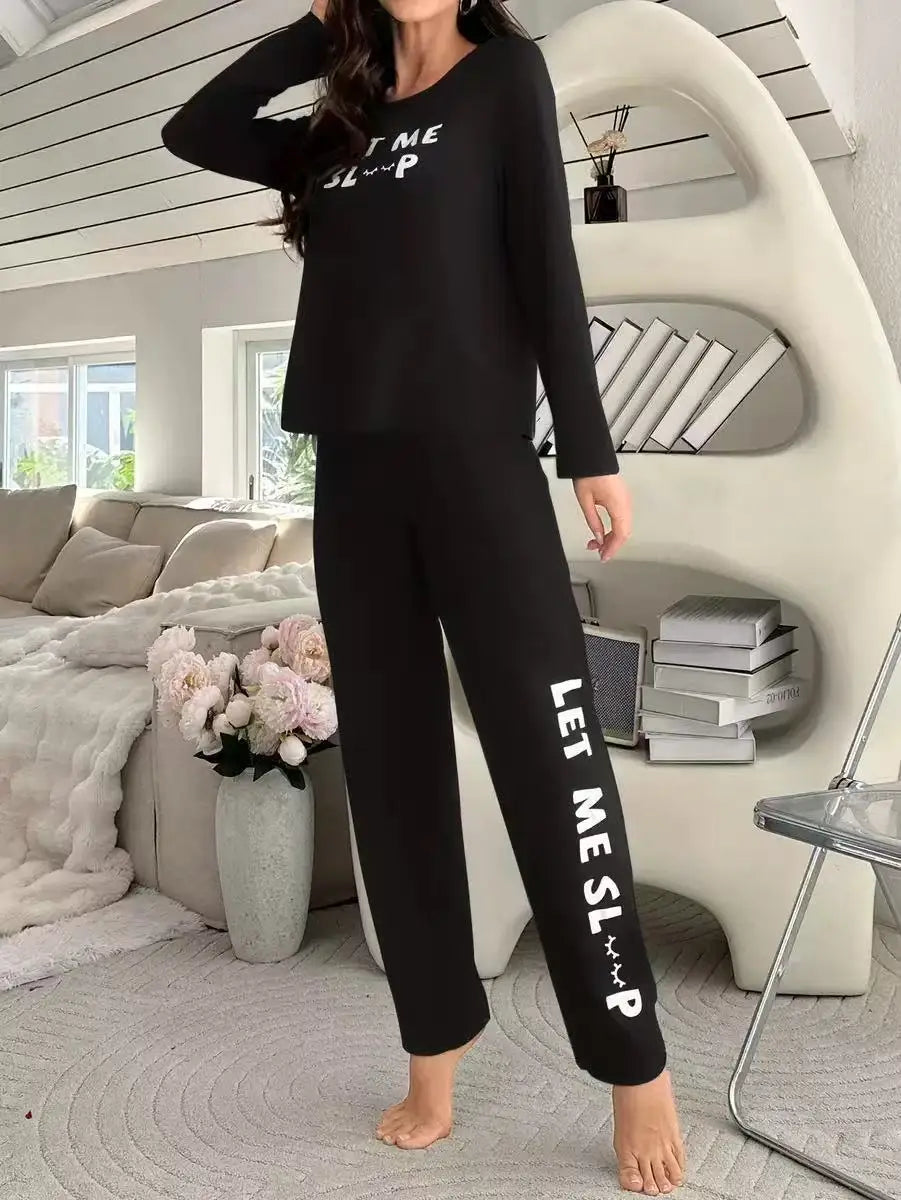 Women's Pyjama Set Fashionable Alphabet Print Round Neck Top and Long Trousers Set Simple and Casual Homewear