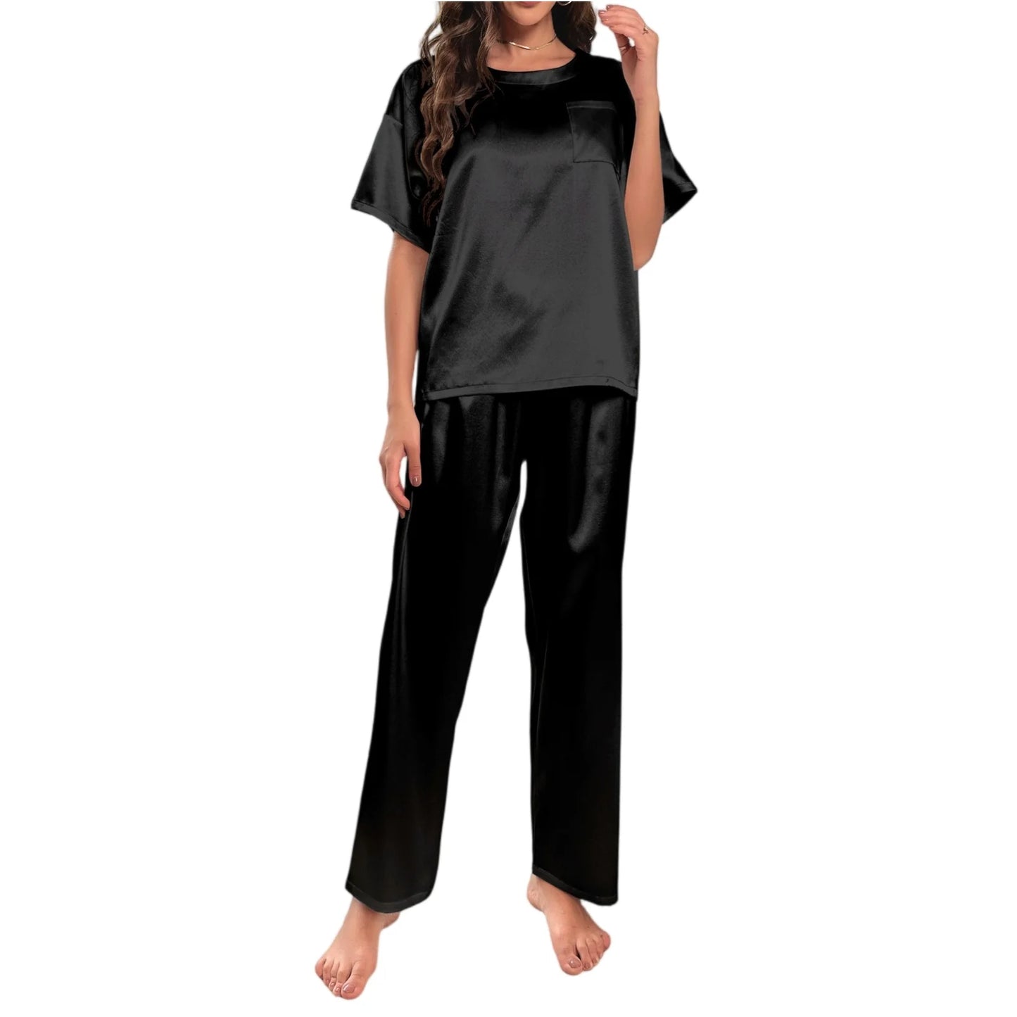 High Quality Casual Ice Silk Loose Pajamas Set Short Sleeved Long Pants Comfortable Pajama Set Daily Home Clothes Pajama Set