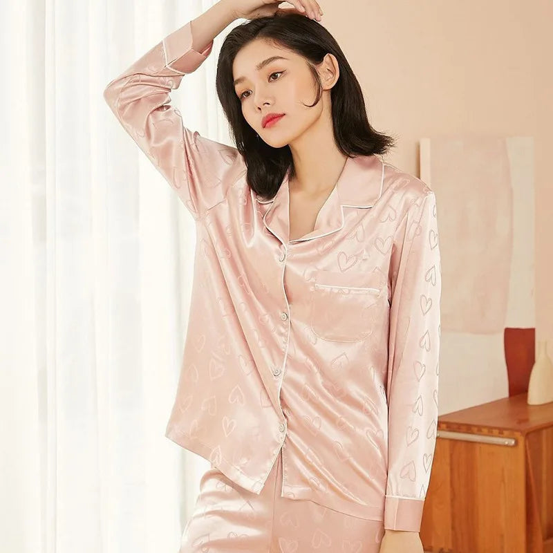2 Piece Summer Women's Pajamas Sets Satin Silk Thin Pyjama Pijama Mujer Striped Sleepwear Long Sleeve Pants Loungewear Homewear