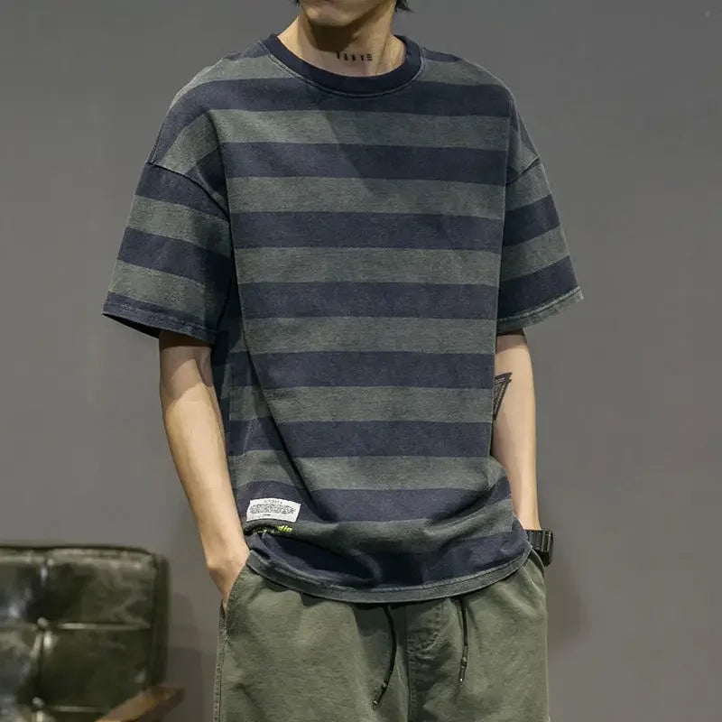 T Shirt for Men Striped Top Blue Loose Man Tee Shirts Vintage Clothing Baggy Basic Harajuku Casual Short Quarter Sleeve Kpop Hot
