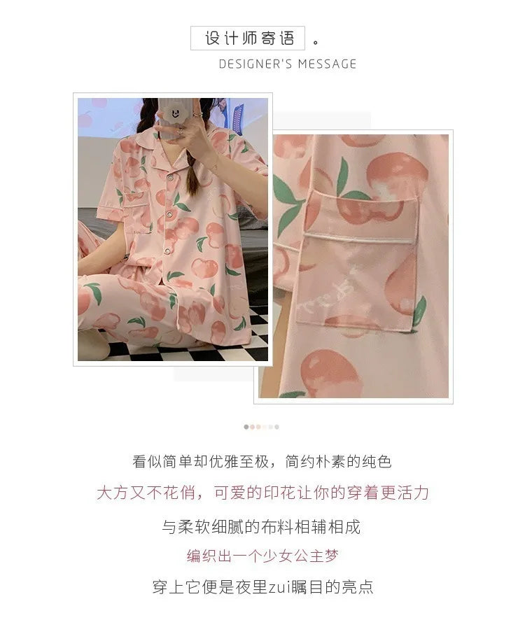 Women's Summer Three-Piece Pajama Set: Cute Teenage Student Short-Sleeved Long Pants Casual Korean-Style Pajamas Underwear