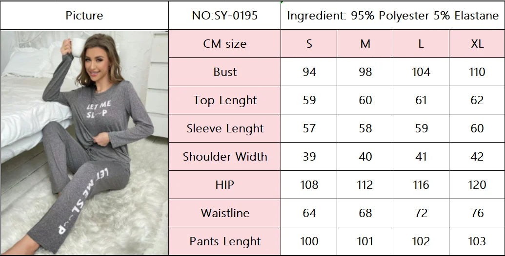 Women's Pyjama Set Fashionable Alphabet Print Round Neck Top and Long Trousers Set Simple and Casual Homewear