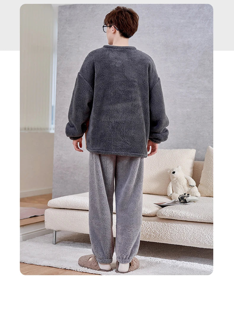Winter Korean Men Pajamas Sets Adult Sleepwear Home Clothes Thicken Soft Pijama Suit Loungewear Loose Bear Male Pyjama Clothing