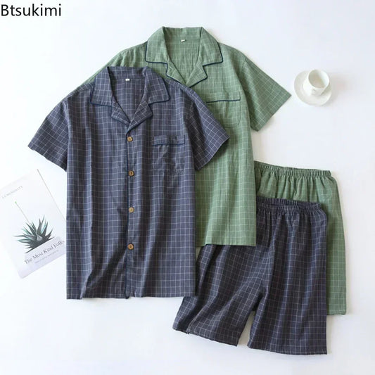 New2025 Men's Summer PajamasThin Short-sleeved Shorts Soft Cotton Simple Japanese Plaid Home Service Suit Pantalon Pijama Hombre