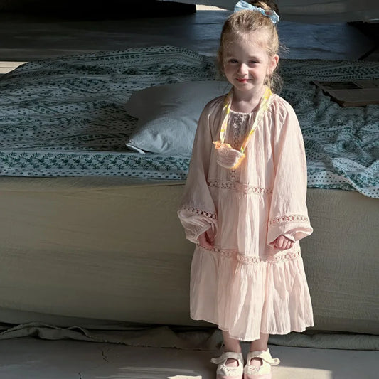 Girls Dress 2025 Spring New Elegant Lace Dress Sweet Girls Long Dress Ruffle Kids Dress For Girls