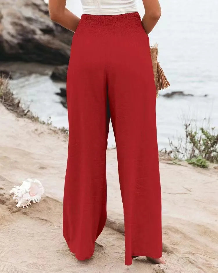 Women's casual pants with drawstring, mid waist, beach wide leg, spring and summer, European and American pants
