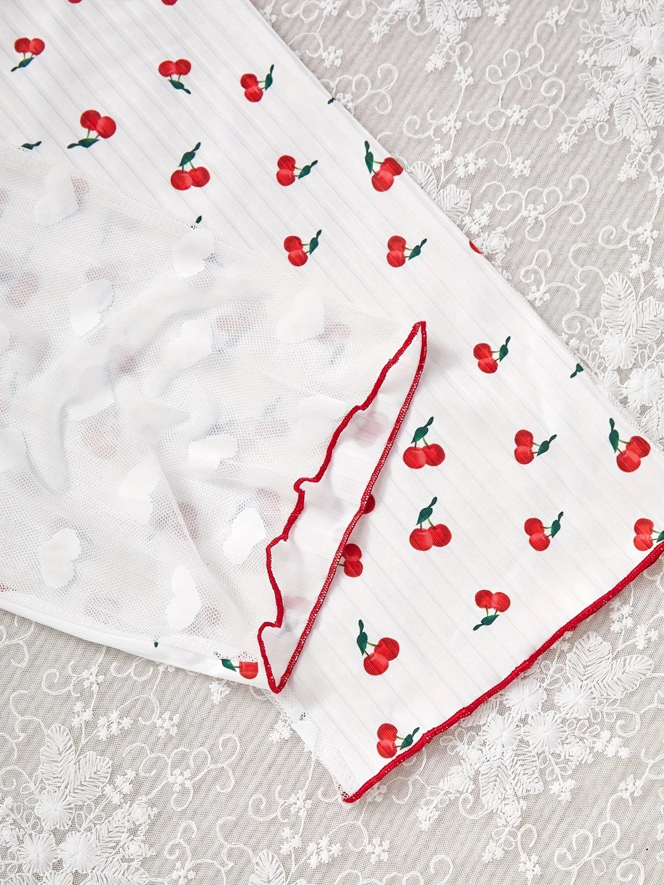 Women's Pajamas Set V-Neck Sleeveless Camisole Vest Cherry Printed Knitted Splicing Mesh Pants Sexy Home Pijama 2 Piece Woman