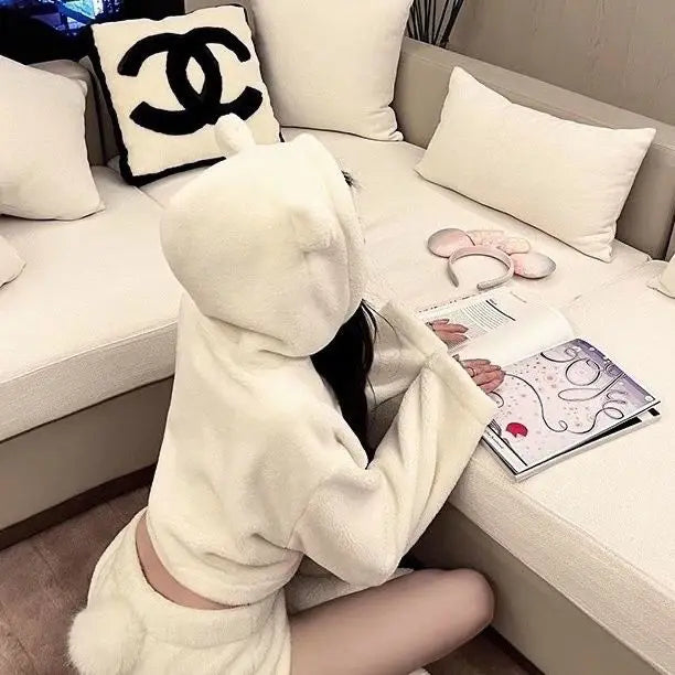 Pajama Sets Women Kawaii Sleepwear Hooded Tender Cozy Loose Fashion Japanese Style Simple Girlish Soft Aesthetic Home Students
