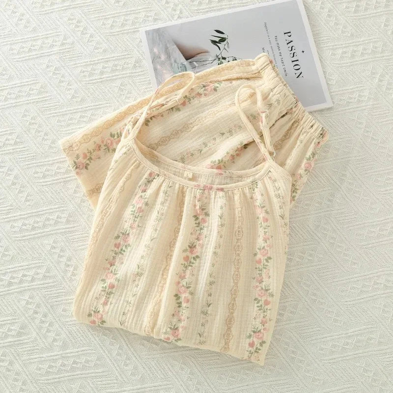 100% Cotton Women's Pajama Set Woman 2 Pieces Spaghetti Strap Sleepwear Women Floral Print Pajama  Strap