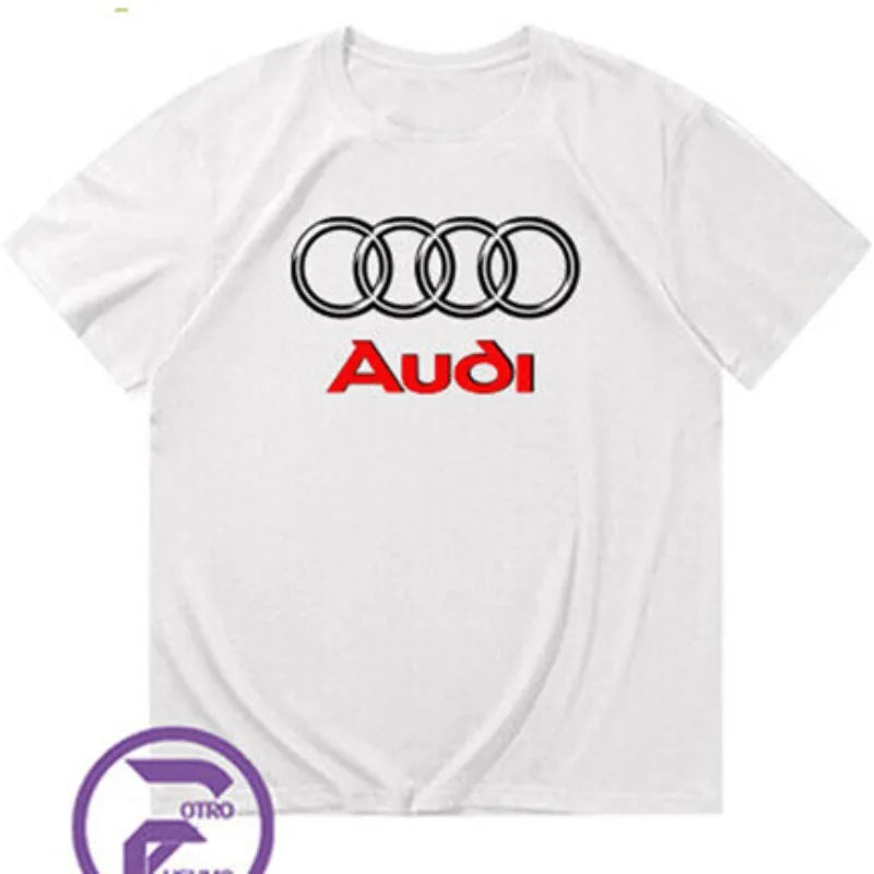 T Shirt for Men Summer Casual Streetwear Style Audi Car Graphic Cottonblack White Contrast Print Left Chest Motorsport Theme