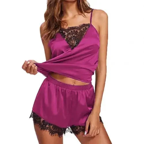 2Pcs Sexy Pajama Set Women Sexy Lace Patchwork Satin Silk Spaghetti Strap Top Hot Shorts Pajama Women Sleepwear Femme Pijamas