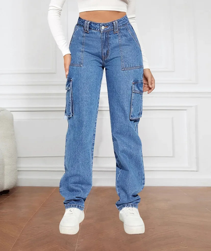 American Retro Mid-waist Multi-pocket Cargo Pants Jeans, Women's Casual Loose Straight Long Pants, Patchwork Jeans,Spring Autumn