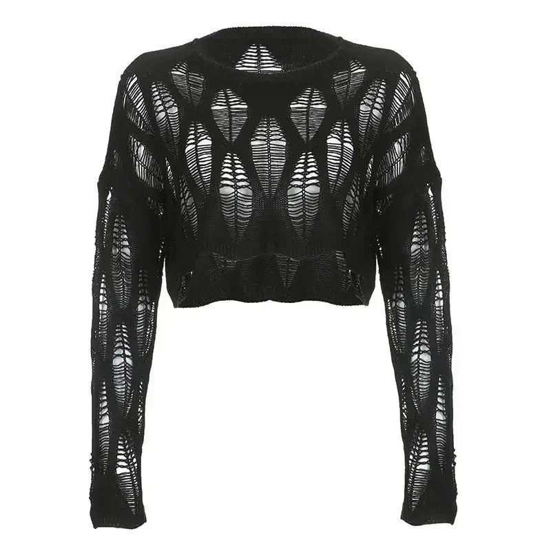 Vintage Hole Ripped Knitted Smock Tops Sexy Fashion Cropped Pullover Hollow Out Spring Autumn Sweater Knitwear Y2k Top Clothes