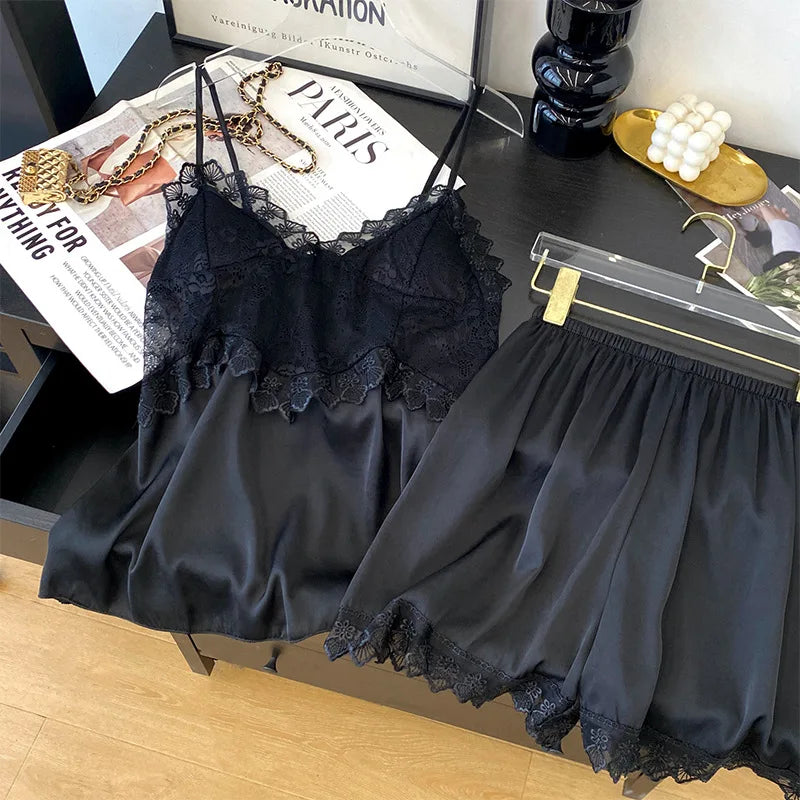 Female Suspender Pajamas Set Lounge Wear Sexy Hollow Out Lace Intimate Lingerie Sleepwear Summer New Strap Top&shorts Homewear