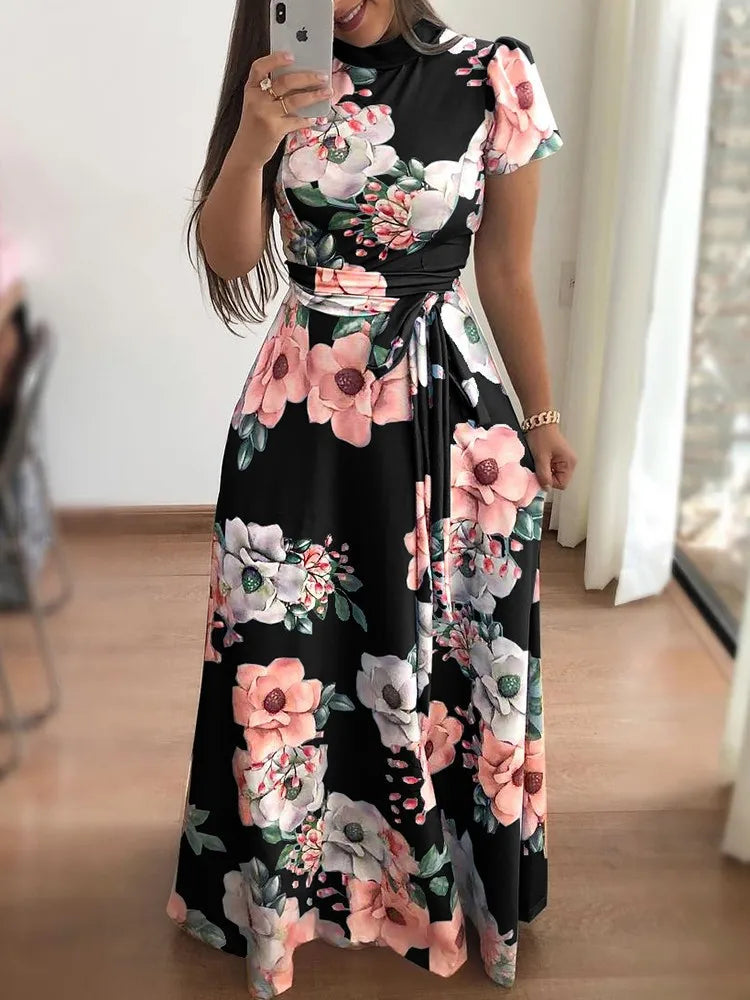 2023 Autumn New European and American Flower Print Short Sleeve Large Swing Dress for Women