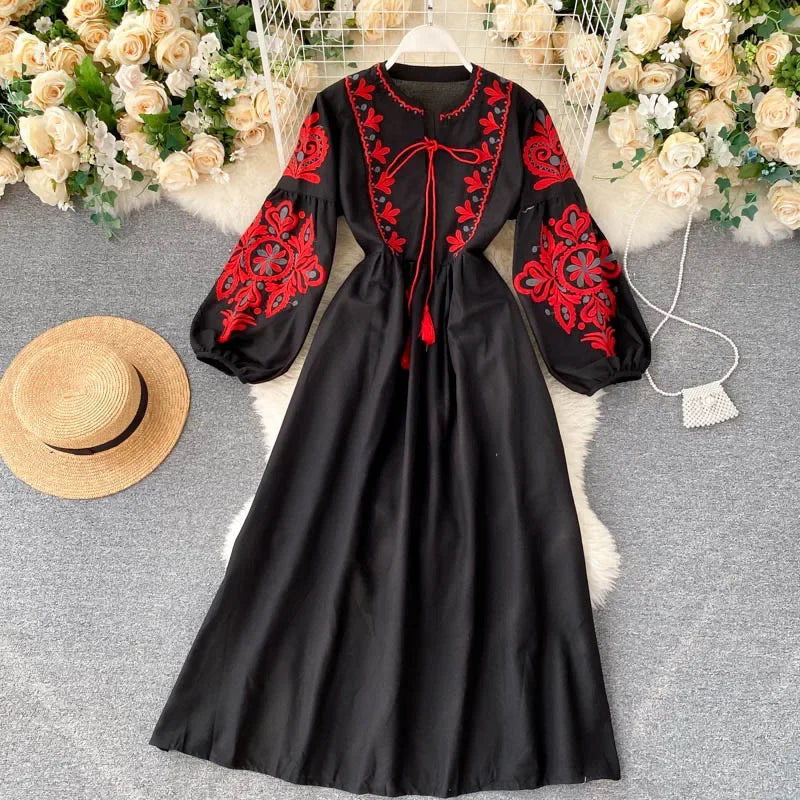 Bohemian Embroidered Dress for Women, Boho, Flower, O-Neck, Lantern Long Sleeve, High Waist, Cotton, White, Spring