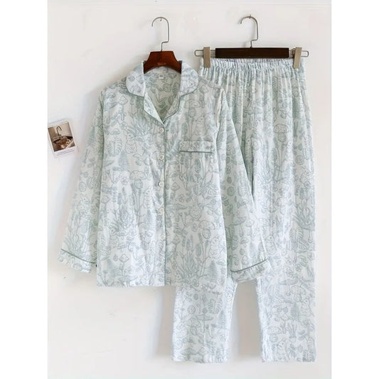 Womens Pajama Set 100 Cotton Gauze Sleepwear Long Sleeve Loose Fit Two Piece Set Comfortable Breathable Nightwear Loungewear