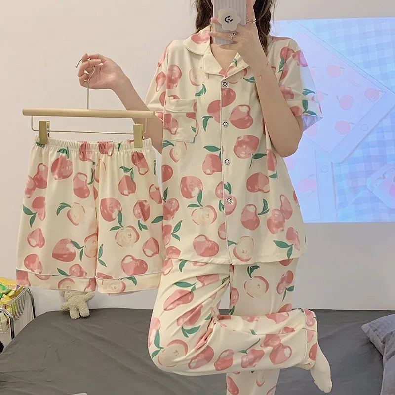 Women's Summer Three-Piece Pajama Set: Cute Teenage Student Short-Sleeved Long Pants Casual Korean-Style Pajamas Underwear