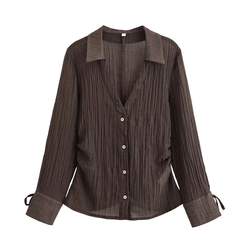 Women's Blouse New Summer 2025 Brown Long Sleeve Translucent Shirt Bow Decoration Sexy and Fashionable Personality and Versatile