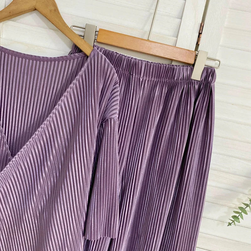 Pants Sets Fashion Elegant Pleated V-Neck Buckle Irregular Hem Tops High Waist Slim Wide Leg Pants Summer Two-Piece for Women