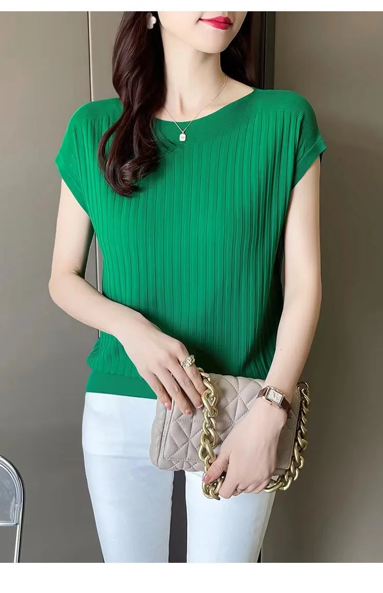 2025 New Spring Autumn Fashion Straight Neck  Knitted Sweater Short Sleeve Women Solid Color Simple Casual Tops Fema