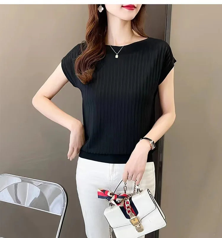 2025 New Spring Autumn Fashion Straight Neck  Knitted Sweater Short Sleeve Women Solid Color Simple Casual Tops Fema