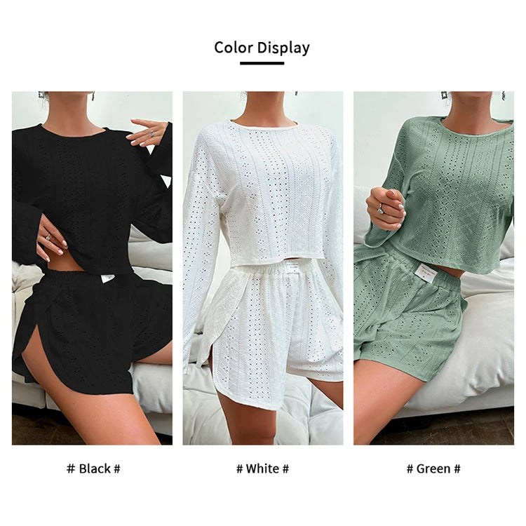 Women's Pajamas Set Sleepwear Loungewear Autumn Soft Comfortable Long Sleeve Tops With Shorts Pyjama Femme Home Clothes 2 Piece