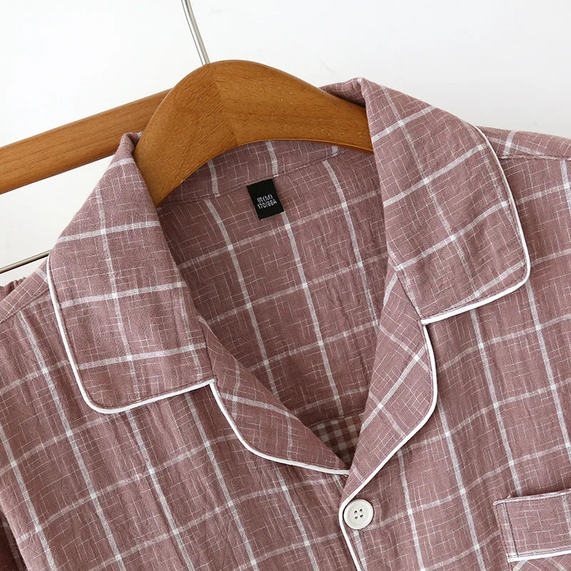 2025 Japanese New Men's Spring/Summer Pajama Set 100% Cotton Plaid Long Sleeve Pants Two Piece Set Large Relaxed Home Furnishing