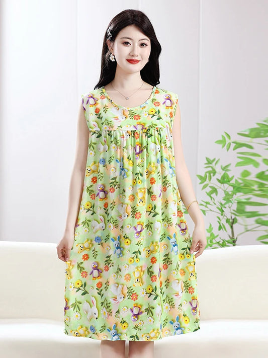 2025 New Women's Spwear Cotton Silk Nightgown round Ne Mid-Length Svel Dr Artificial Cotton Home Clothes