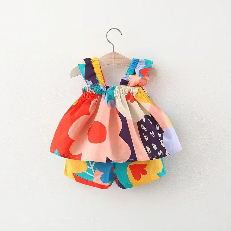 Summer Baby Girls Clothing Sets Suspender Top Color Matching Floral Vest + Children'S Casual Pants Little Kids Clothes Suit