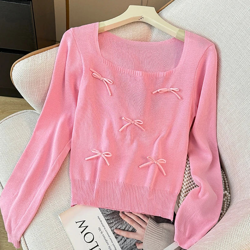 Women Bow Cute Knitted Crop Tops Long Sleeve Square Collar Slim Black Pullover Sweater Female 2025 Autumn And Winter