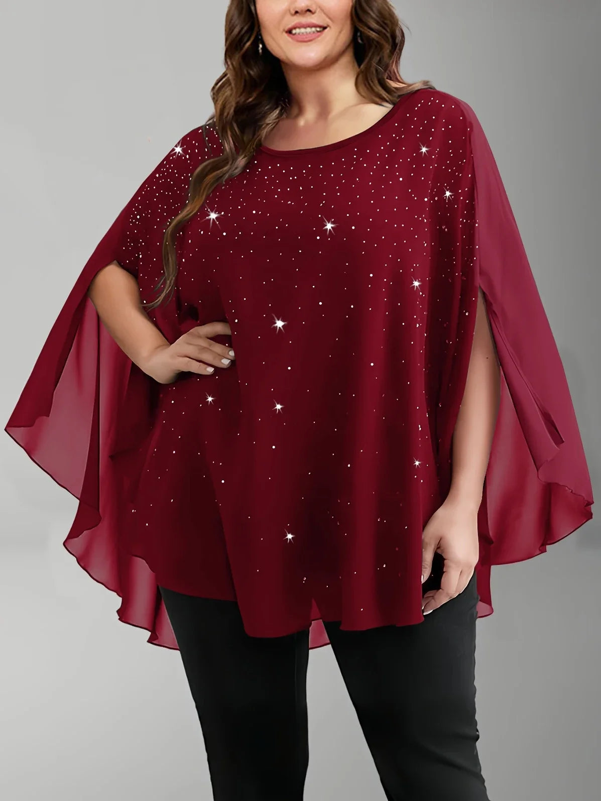 Baby's Breath Printed Women Plus Size Blouse Casual Crew Neck Split  Chiffon Pullover Summer Female Smock Mesh Loose Tops Shirts