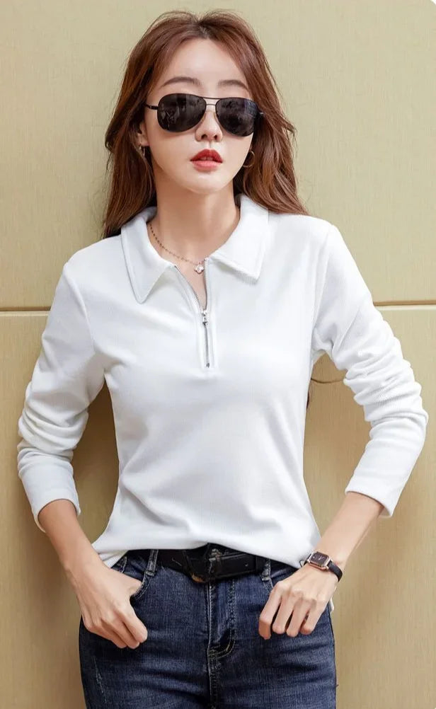 Polo Neck T Shirt for Women Long Sleeve Woman Tshirt Autumn Winter Slim Shirts Youthful Elegant Clothing Trend 2025 Polyester In